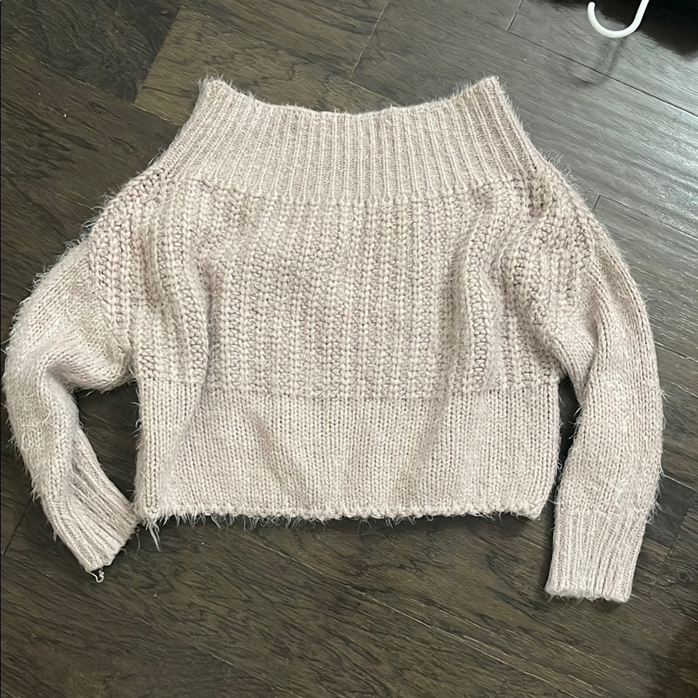 Pink Cowl Neck Sweater with Chunky Knit and Fluffy Texture